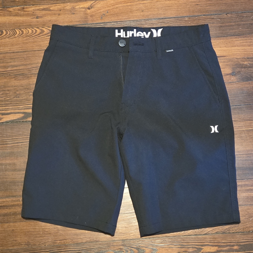 Hurley Men's Black Flat Front Shorts with White Logo